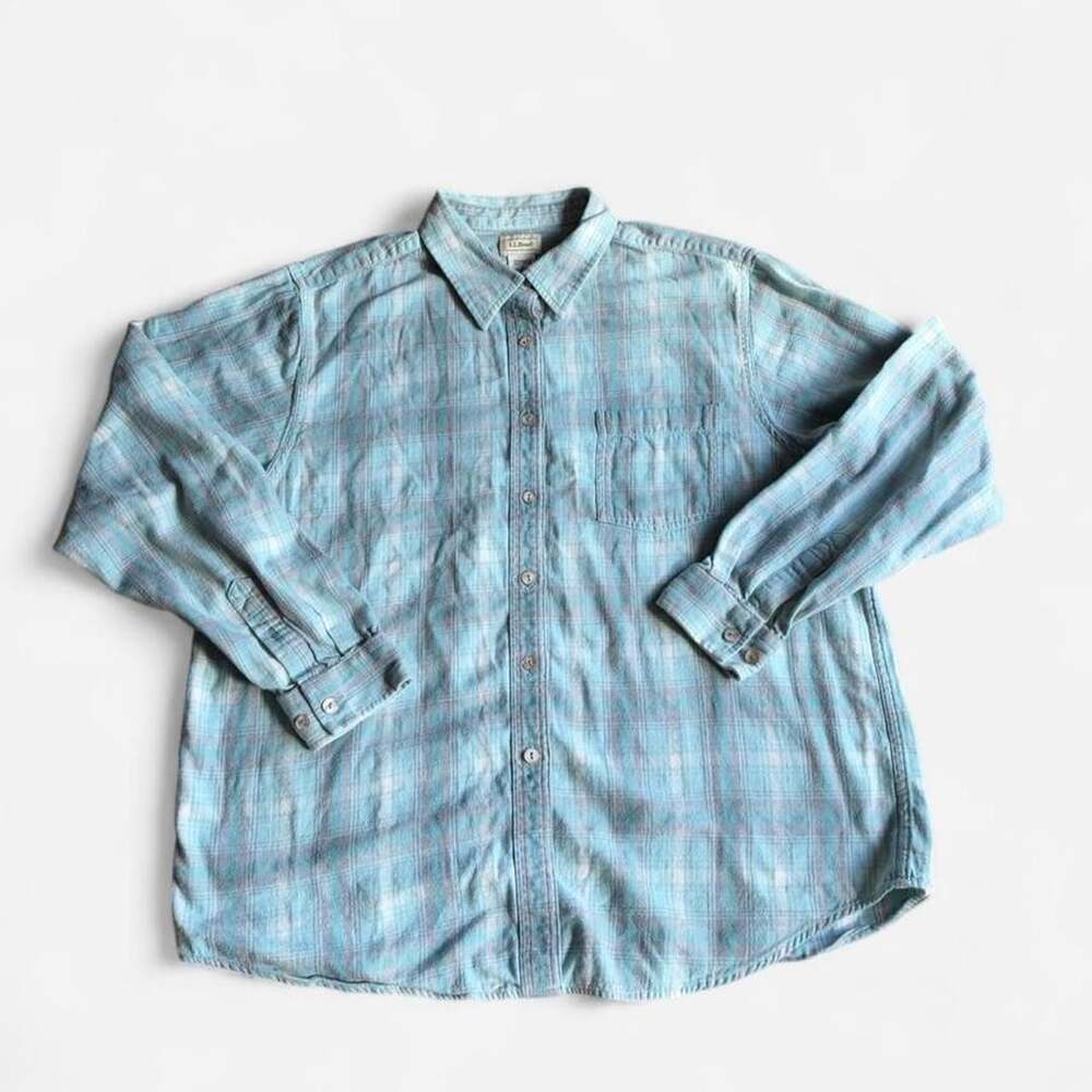 Vintage LL Bean Flannel Women’s Large Plaid Baby Blue White Teal Hong Kong